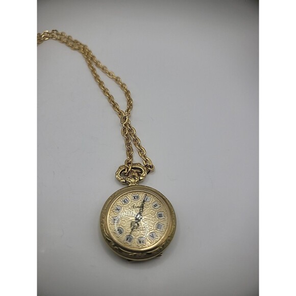 Vintage Arnex Watch Necklace Gold Tone Chain Incabloc Roman Numerals Hand Wound - Picture 3 of 11